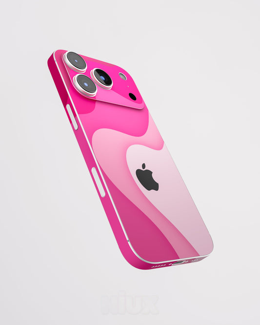 Skin premium para iPhone con diseño Flux Rosé, vista lateral flotante y acabado mate