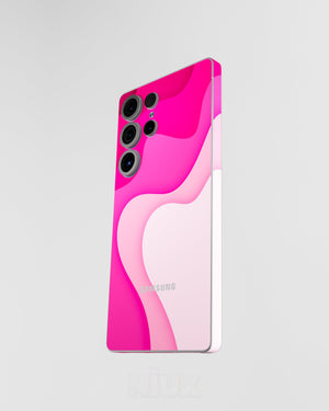 Skin premium para Samsung diseño Flux Rosé, vista frontal inclinada con textura mate