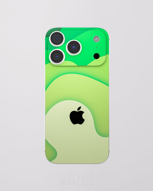 Skin premium para iPhone diseño Flux Verde Terra, vista frontal con acabado mate