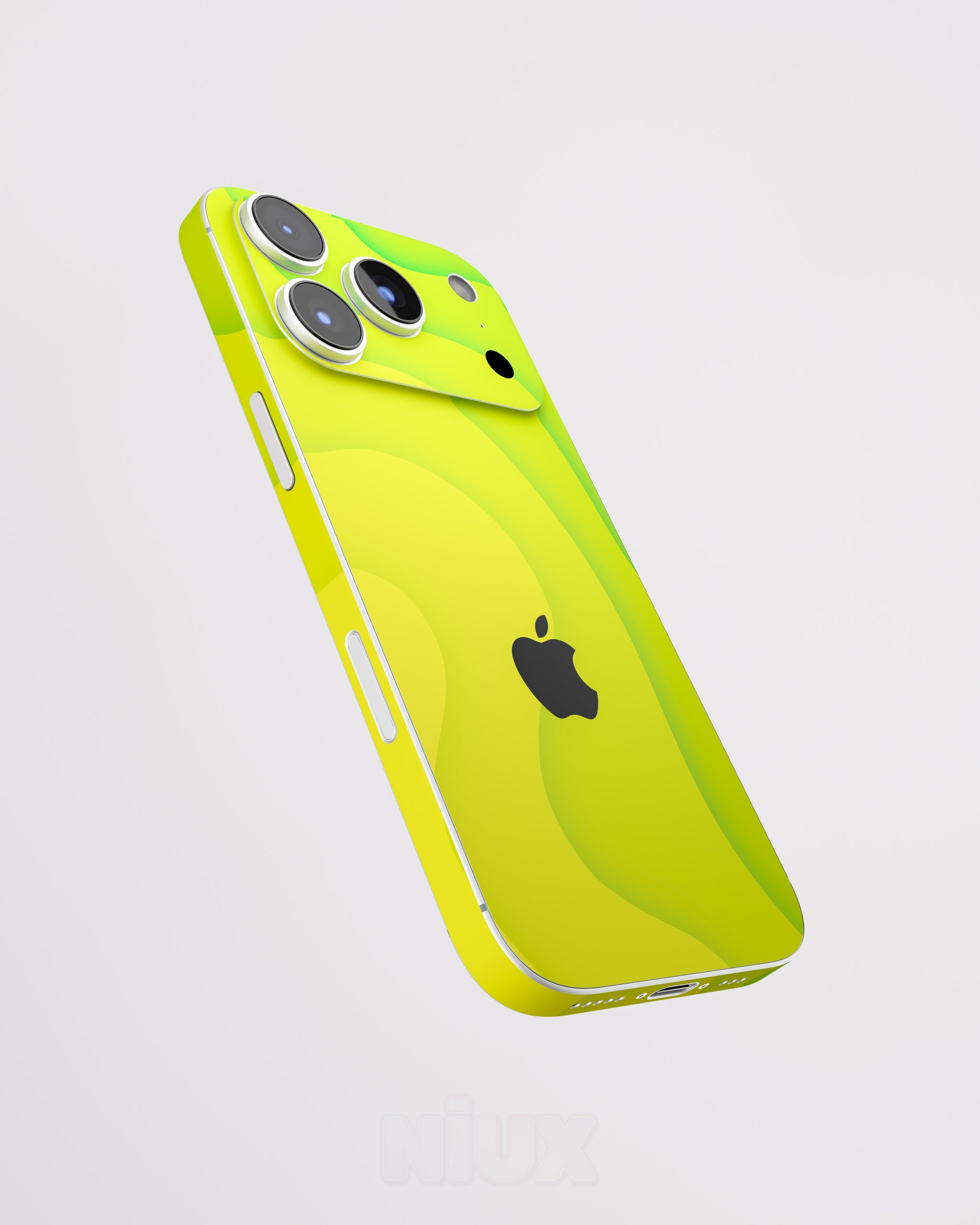 Skin premium para iPhone con diseño Flux Lemonwave, vista lateral flotante y acabado mate