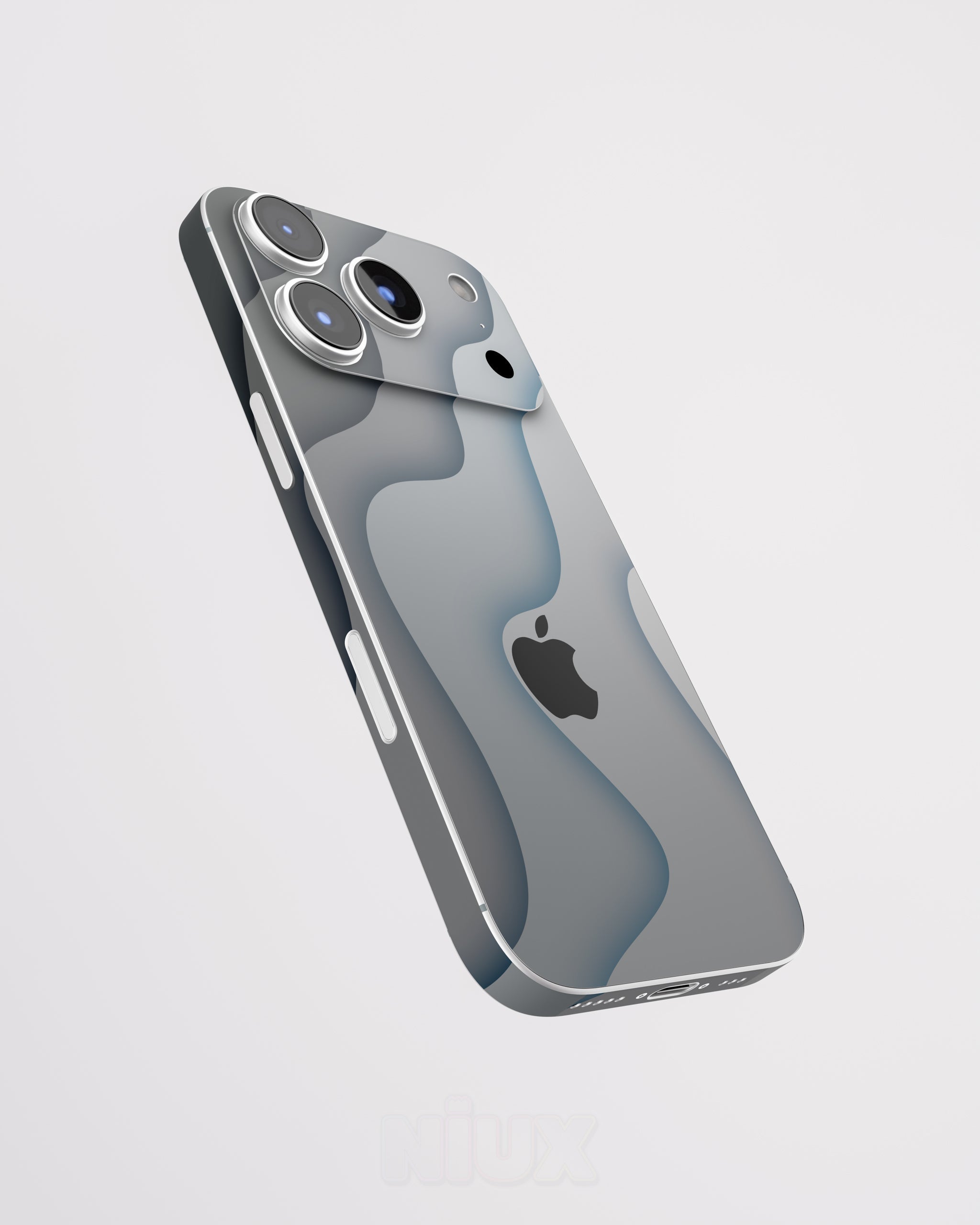Skin premium para iPhone con diseño Flux Fog, vista lateral flotante y acabado mate