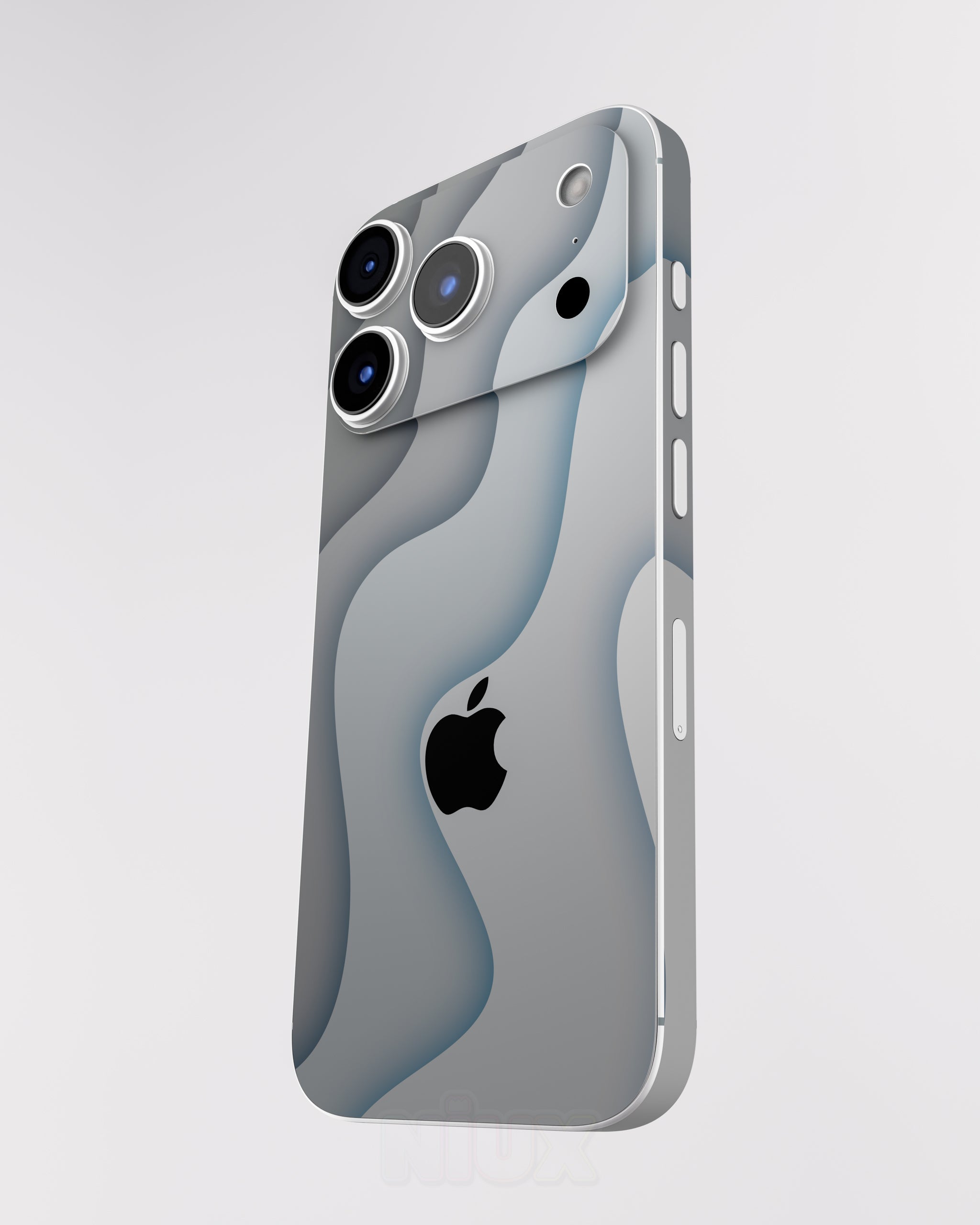 Skin premium para iPhone diseño Flux Fog, vista frontal inclinada con textura mate