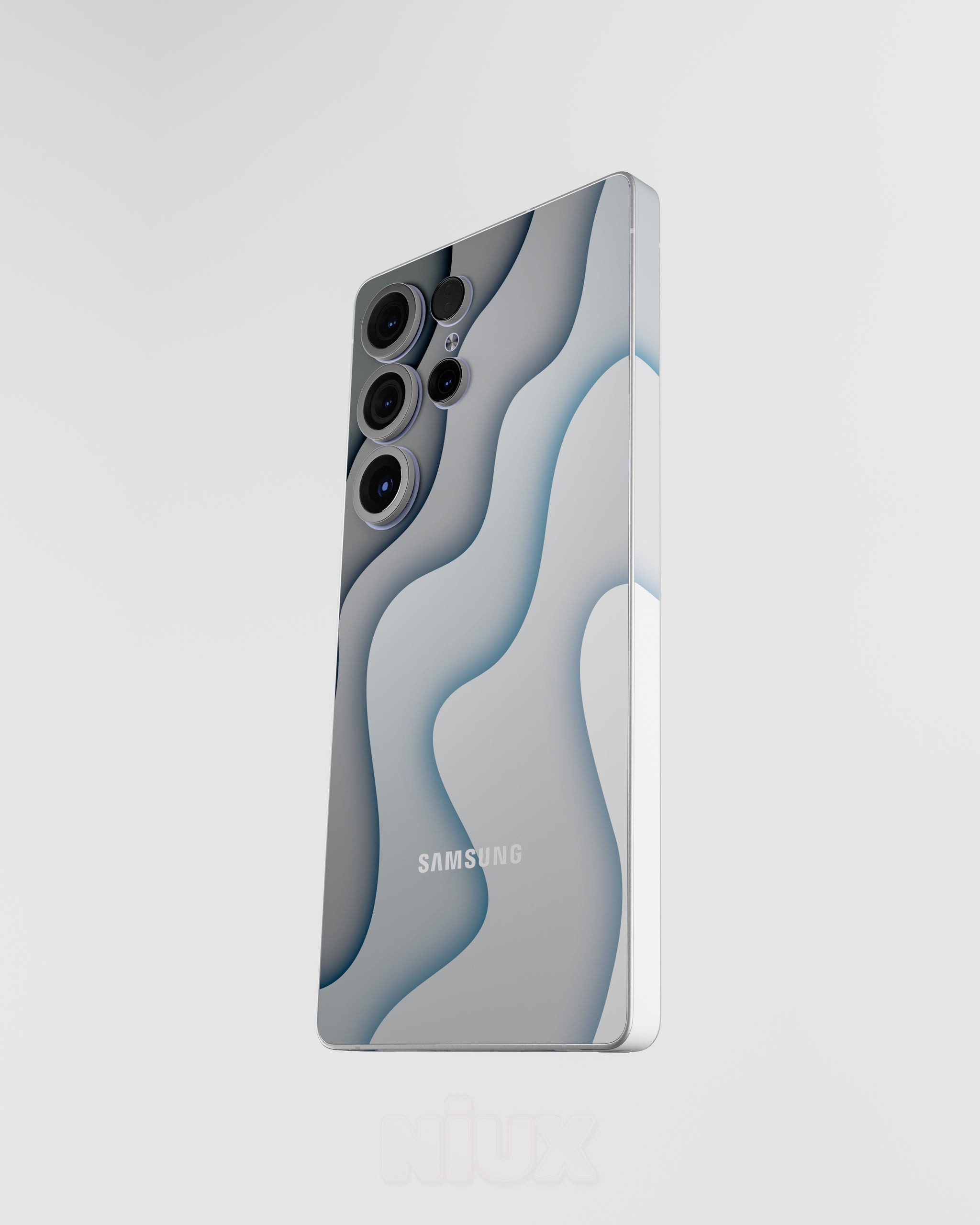 Skin premium para Samsung diseño Flux Fog, vista frontal inclinada con textura mate