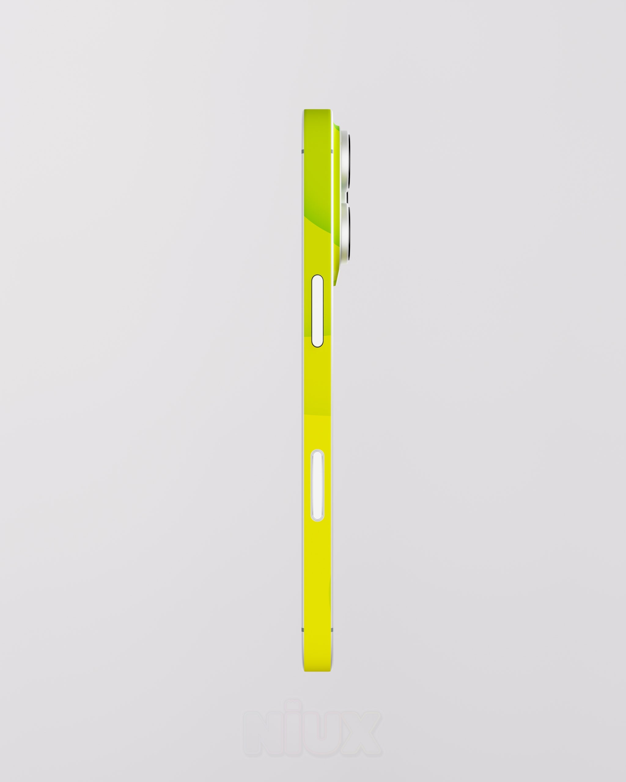 Skin premium para iPhone diseño Flux Lemonwave, vista lateral derecha con ajuste preciso