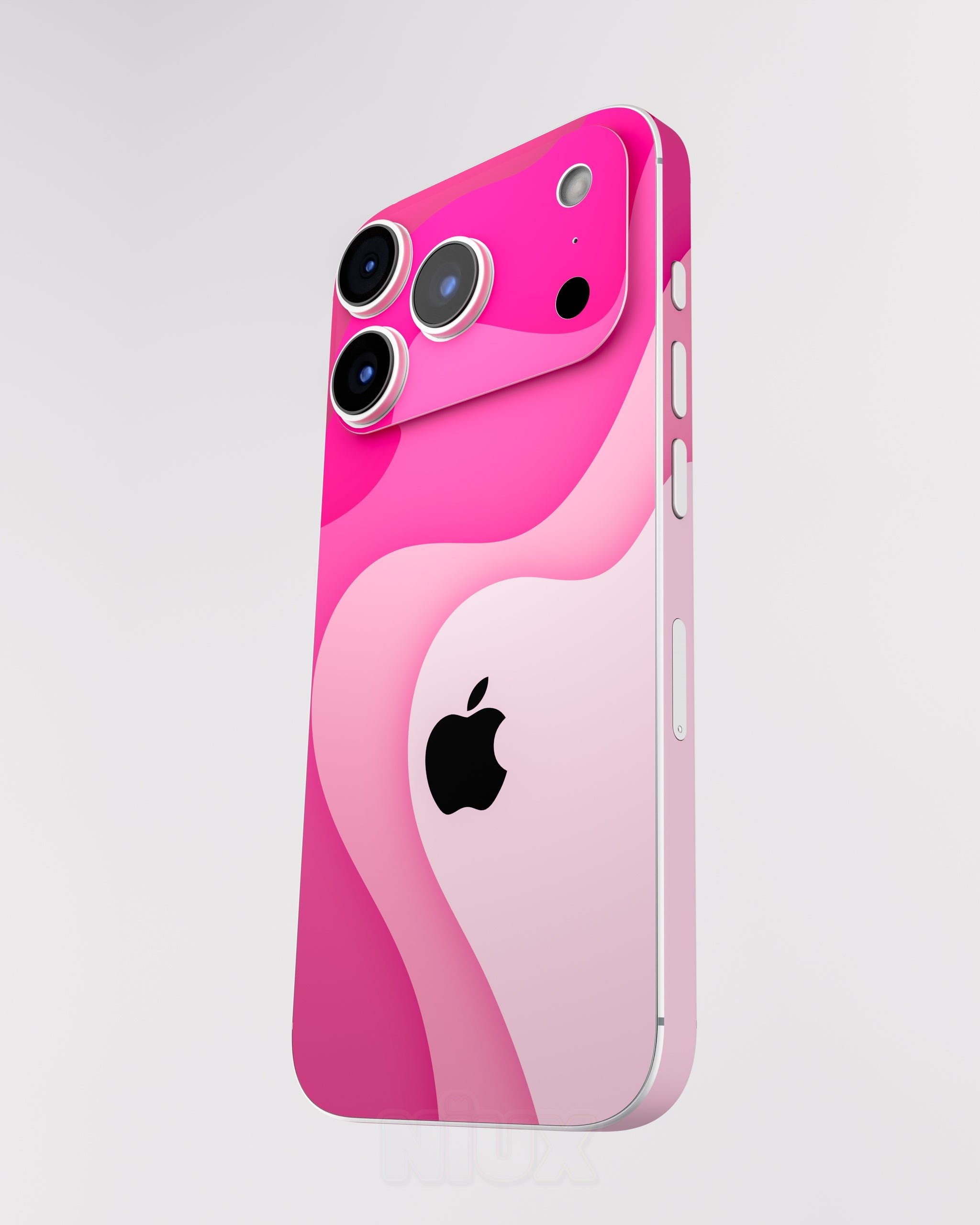 Skin premium para iPhone diseño Flux Rosé, vista frontal inclinada con textura mate