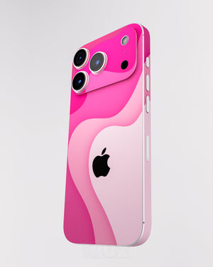 Skin premium para iPhone diseño Flux Rosé, vista frontal inclinada con textura mate
