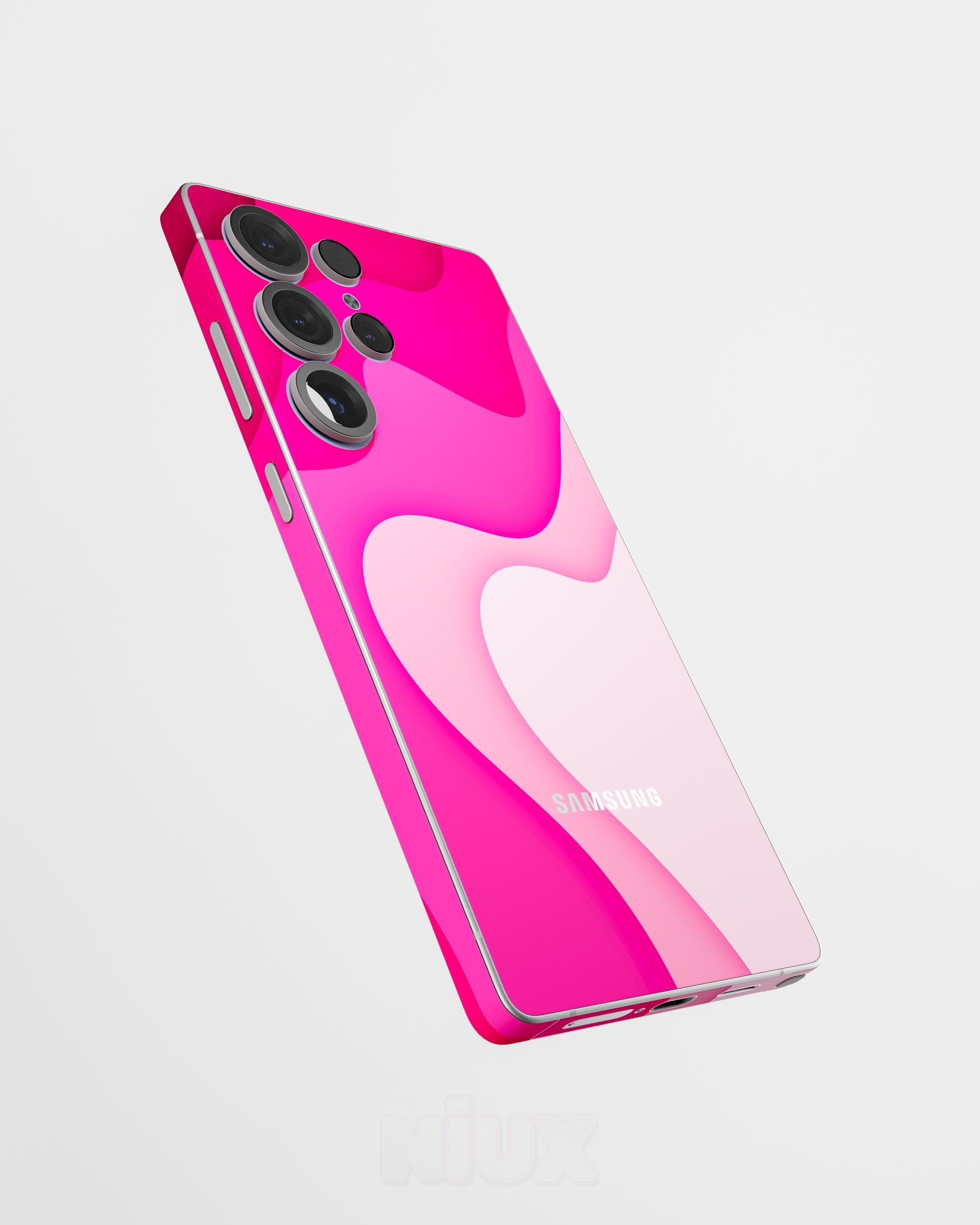 Skin premium para Samsung con diseño Flux Rosé, vista lateral flotante y acabado mate