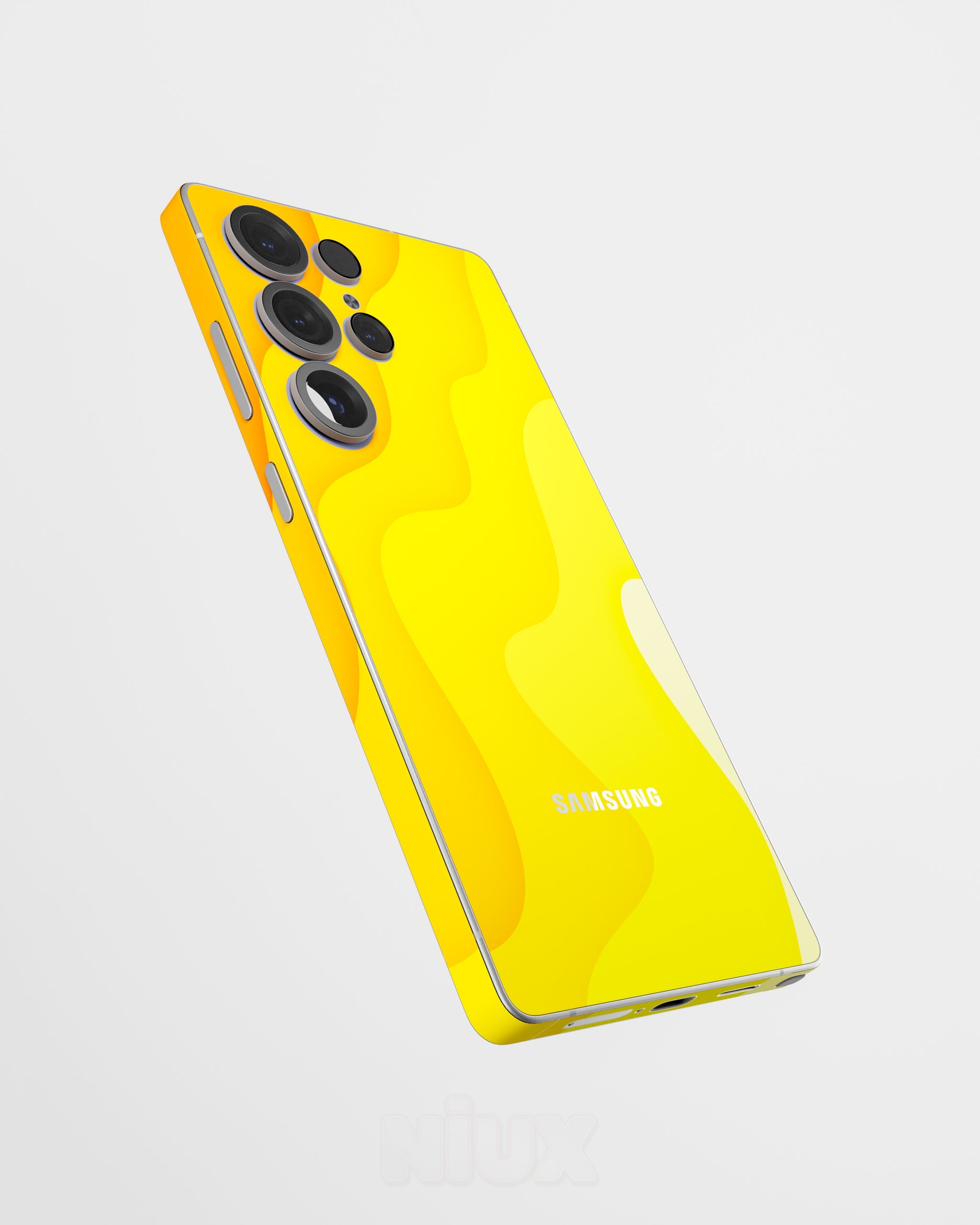 Skin premium para Samsung con diseño Flux Solar, vista lateral flotante y acabado mate