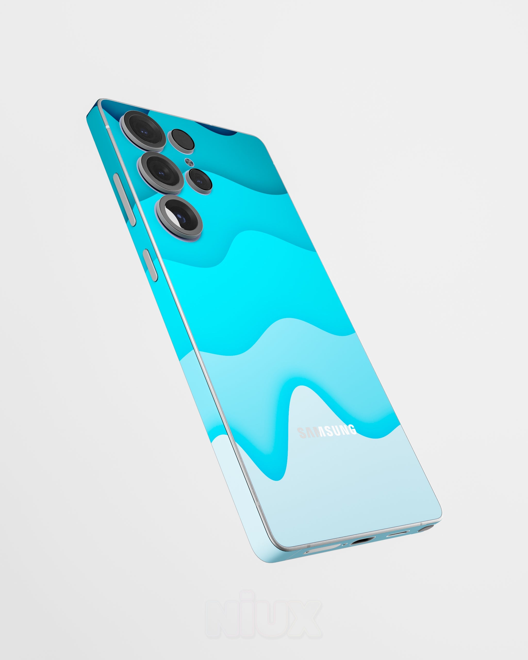 Skin premium para Samsung con diseño Flux Tide, vista lateral flotante y acabado mate