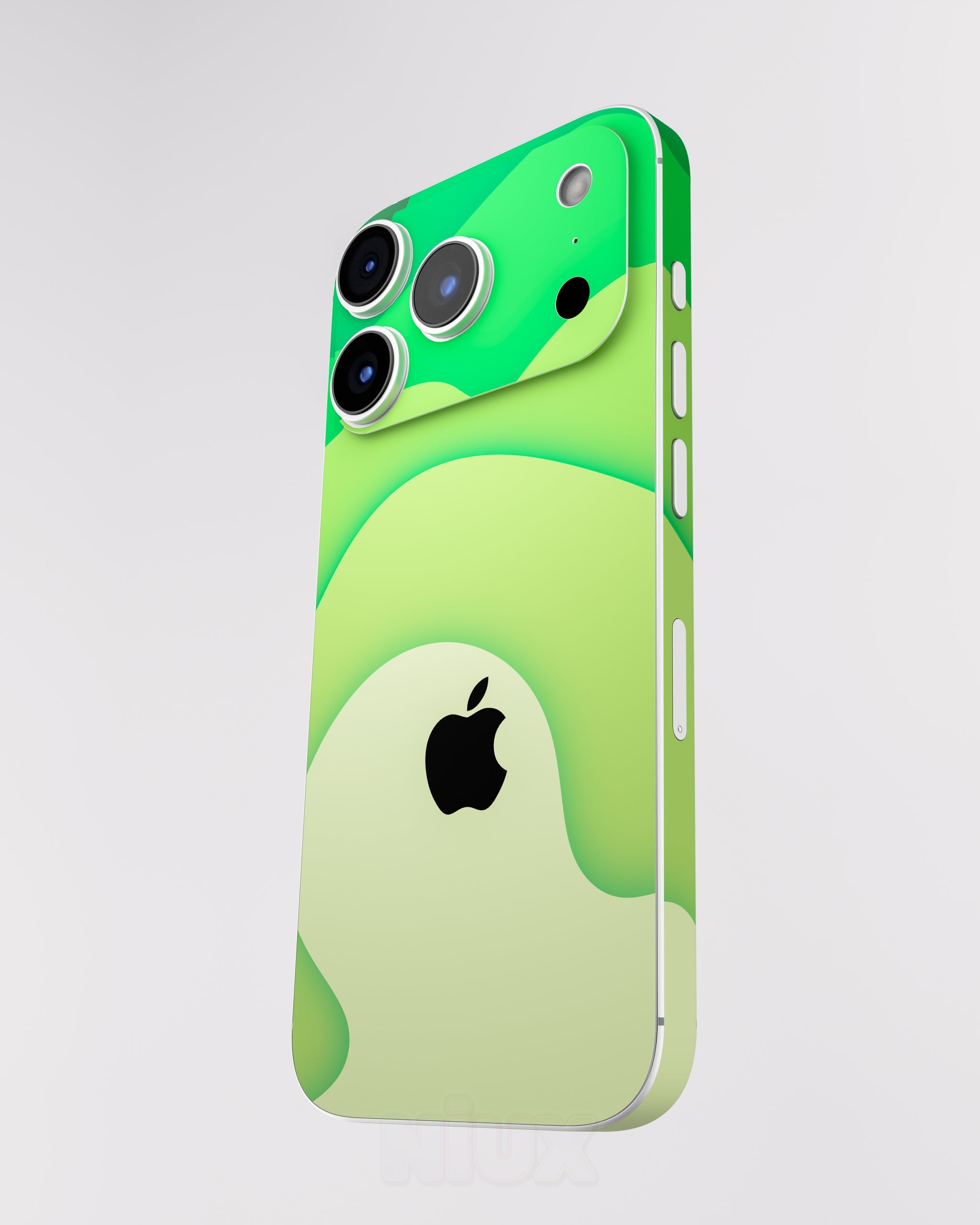 Skin premium para iPhone diseño Flux Verde Terra, vista frontal inclinada con textura mate