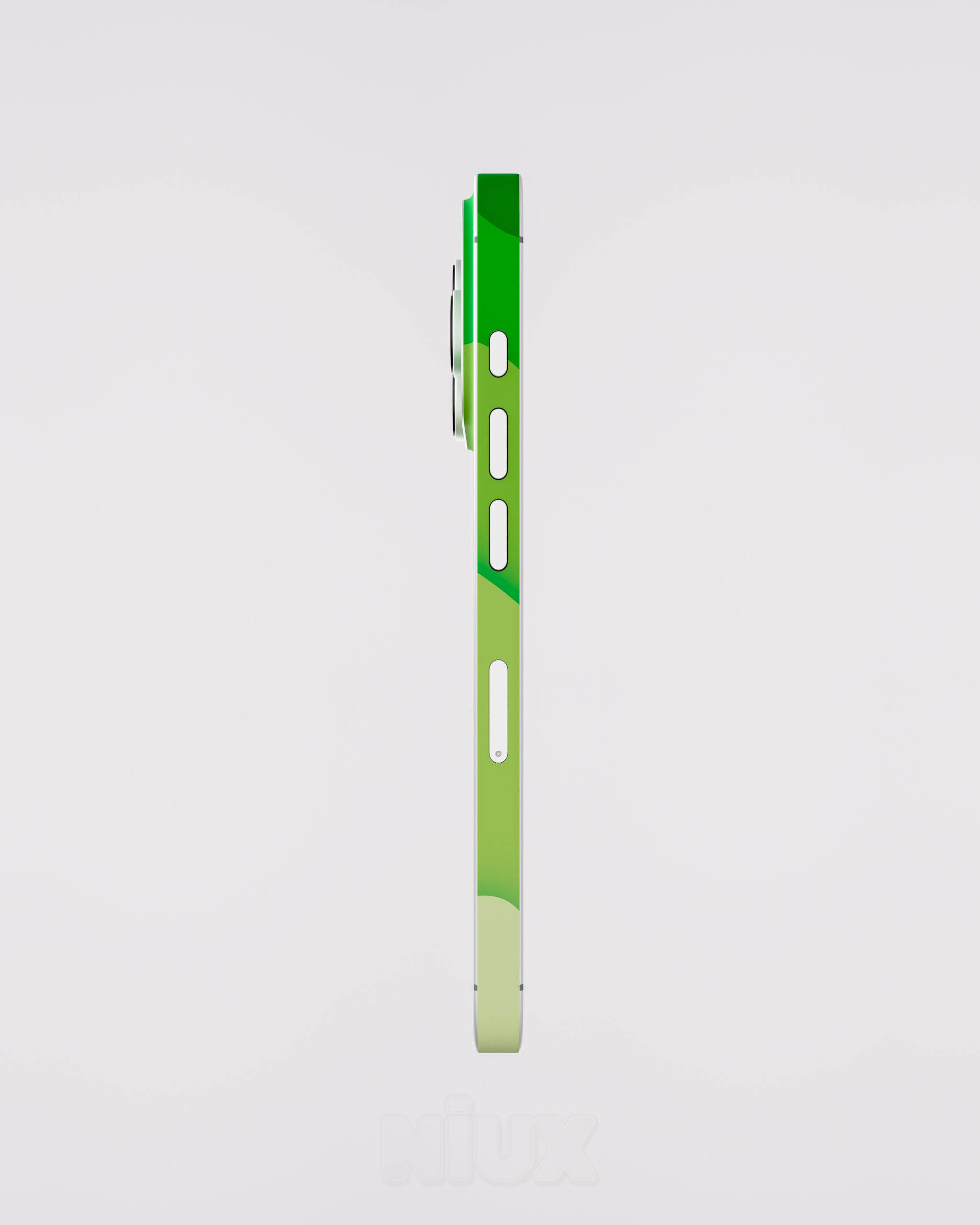 Skin premium para iPhone diseño Flux Verde Terra, vista lateral izquierda con acabado mate