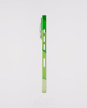 Skin premium para iPhone diseño Flux Verde Terra, vista lateral izquierda con acabado mate